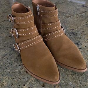 Aqua Suede booties with stud buckles